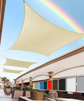 Beige 8x16 Foot Sun Shade Sail Canopy For Outdoor Patio installed over shopping area, demonstrating UV protection and weatherproof fabric.