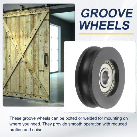 Hella Smooth U Groove Ball Bearing Rollers 6 X 30 X 10 mm Nylon Pulley Guide Wheels for sliding doors, shown with wooden door.