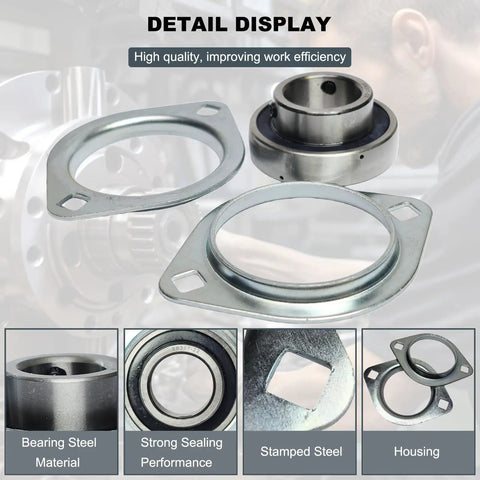 Two Pack Built Tough Pillow Block Bearings With 1-3/8 Bore Steel Flange Mounted Bearing Units Featuring Pressed Zinc Plated Housing and Dead Reliable Rolling Motion For Zero Hassle Shop Setup components showing different angles of the polished steel flange and seals.