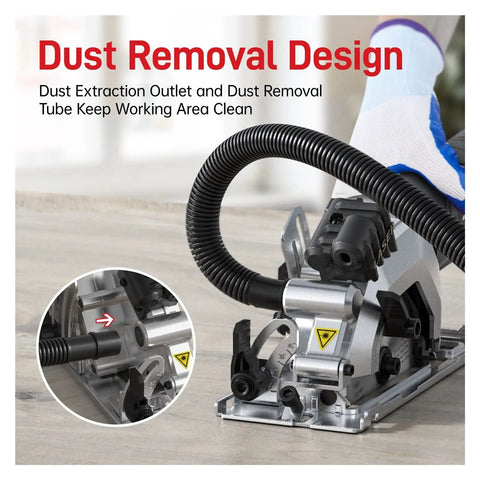 Professional Handheld Electric Circular Saw Featuring Quick Set Cutting Guide And High Torque Copper Motor Slams Right Through Plywood Tile And Plastic Pipes With Dead Steady 3500 Rpm Speed dust removal design with extraction outlet and tube in use on a work surface.