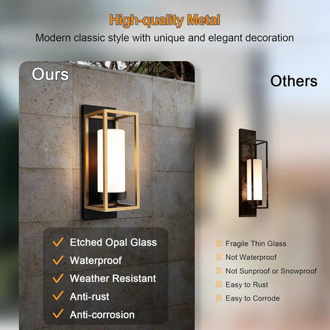 Dope Black And Gold Outdoor Wall Sconce Set Of 2 on a stone wall, featuring etched opal glass and durable frame with anti-corrosion benefits