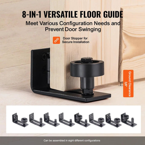 8-in-1 versatile floor guide for secure installation, shown with door frame, preventing door swinging, assembly configurations.