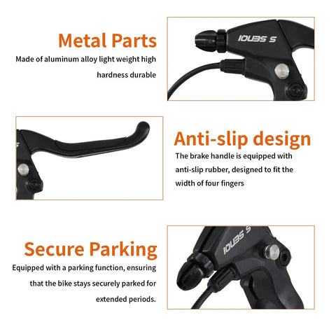 Ergonomic E Bike Brake Lever With Locking Button Waterproof Design For Electric Bicycle E Scooter And Tricycle Safety Control Durable 2 Pin Wire 1 Pair Easy Install And Ride Ready In Any Weather Conditions, showing metal parts, anti-slip design, secure parking feature.