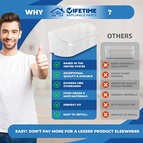 Upgraded Lifetime Door Bin Shelf For Refrigerator Replacement, clear ultra durable storage bin with features and benefits