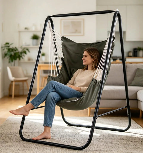 Weather Resistant Hammock Chair Stand With Hanging Swing Chair Included For Indoor Outdoor Use Space Saving Iron Triangle Frame