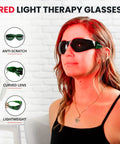 Game Changing Red Light Therapy Glasses Block 600Nm To 900Nm Rays Cut Eye Strain, lightweight, anti-scratch dark lens worn by a woman.