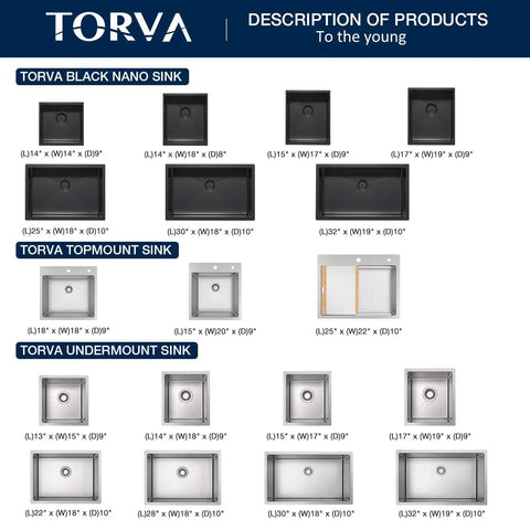 Image showing various sizes of Torva Black Nano, Topmount, and Undermount sinks, including an Undermount 13x15 Inch Single Bowl Kitchen Sink in Premium 304 Stainless Steel, 8 Inch Deep Basin, Rustproof And Scratch Resistant, Silvery White Finish, Tough As Nails Build For Daily Cooking And Easy Cleanup.