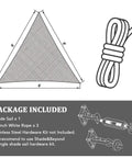 Diagram of Light Grey Triangle Shade Sail 10x10x10 For Backyard Patio Pergola Garden Deck, Breathable UV Blocking Canopy, 185Gsm HDPE Fabric With Stainless Steel D Rings, Quick Setup, Custom Size Available, package includes shade sail and rope.
