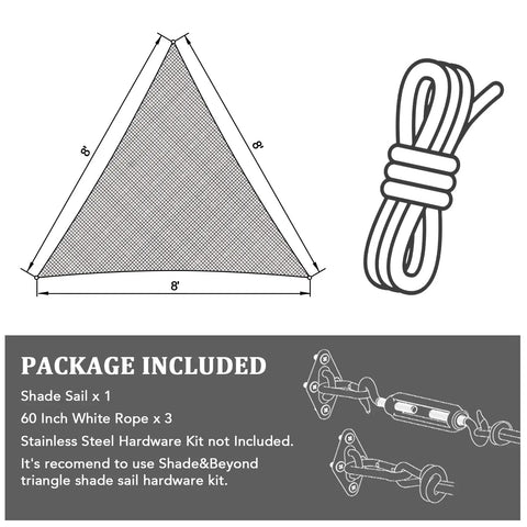 Diagram of Light Grey Triangle Shade Sail 10x10x10 For Backyard Patio Pergola Garden Deck, Breathable UV Blocking Canopy, 185Gsm HDPE Fabric With Stainless Steel D Rings, Quick Setup, Custom Size Available, package includes shade sail and rope.