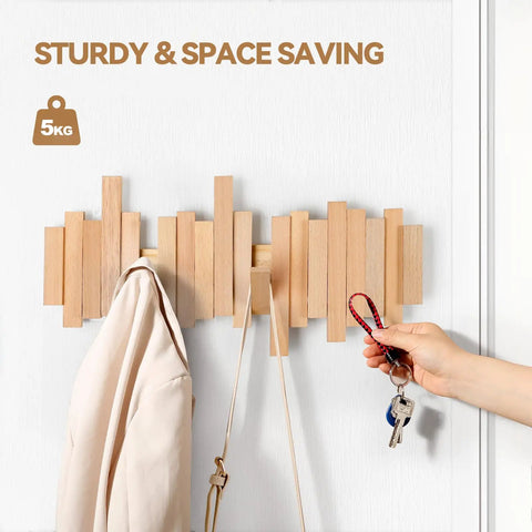 Dope Solid Wood Wall Mounted Coat Rack with six flip down hooks magnetic for each hook stays vertical 16 inch wide in use