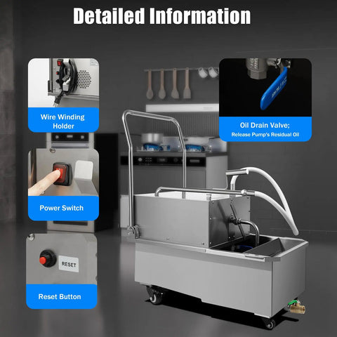Get Rid Of Grime Now With This Heavy Duty 55L Commercial Stainless Steel Oil Filter Cart For Restaurants showing control features.