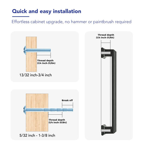 Drop Dead Gorgeous Matte Black Cabinet Pulls For Modern Kitchen Drawers And Bathroom Vanities 15 Pack 5 Inch Hole Spacing Heavy Metal Handle Set No Sweat Setup installation guide with thread depth details.