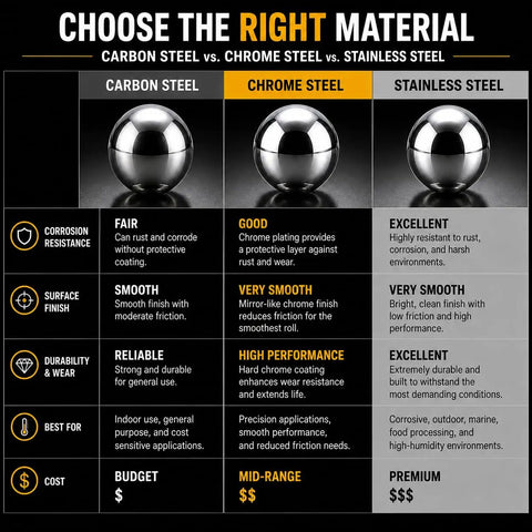 Chart comparing Carbon Steel, Chrome Steel, and Stainless Steel balls with details on corrosion resistance, finish, durability, and cost.