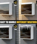 Top Shelf Weatherproof Wall Mount Ev Charger Cover With Reinforced Acrylic Door and Heavy Duty UV Rain Shield, shown handling dust, rain, heat, and snow.