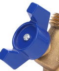 Close-up of the blue handle on a Heavy Duty Quarter Turn Ball Valve Brass G1/2 Female Thread To G3/4 Male Thread Plumbing Connector.