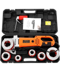 Professional Electric Pipe Threader Heavy Duty Workhorse With 2300 Watt Pure Copper Motor and six die heads in storage case.