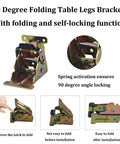 Heavy Duty 4 Pack Folding Support Brackets With Self Locking Hinges For Tables Benches And Workbenches Easy Install Gold Finish Includes 44 Screws And Mounting Hardware shown with 90-degree locking mechanism and spring activation feature.