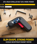 Beast Cordless Screwdriver Kit With 14 Bits shown on a workbench with tools, highlighting slim design and neodymium magnet motor.