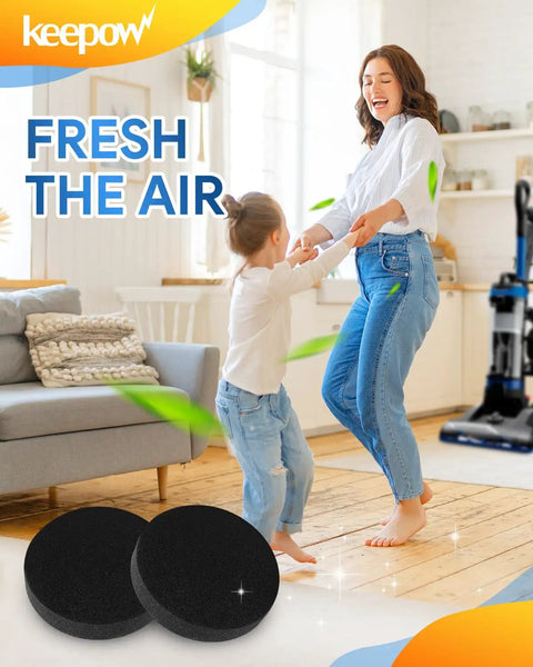 Woman and child dancing in living room with vacuum in background, highlighting 4-Pack Washable Vacuum Filter for CleanView Rewind.