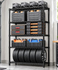Heavy Duty Steel Wire Shelving Unit Black Metal Storage Rack Built Tough For Garage Warehouse Kitchen Pantry Office Laundry Room Multi Tier Stress Free Setup Game Changer filled with tools, tires, and storage bins.