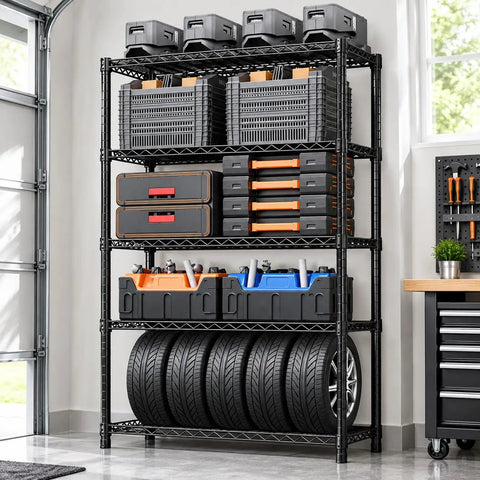Heavy Duty Steel Wire Shelving Unit Black Metal Storage Rack Built Tough For Garage Warehouse Kitchen Pantry Office Laundry Room Multi Tier Stress Free Setup Game Changer filled with tools, tires, and storage bins.
