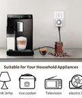 Indoor Mechanical Timer For Electrical Outlets 2 Prong Plug In Outlet Daily Repeating Light Timer With 48 On Off Settings In 24 Hours ETL Listed 2 Pack Compact Design With Underside Output Ports For Space Saving, installed in kitchen setting next to coffee machine and household items.