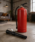 Top Shelf Fire Extinguisher Discharge Nozzle Hose With Instant Swap Spray Tip built tough, showing a red extinguisher and black nozzle.