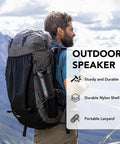 Man hiking with Portable Bluetooth Speaker With Bluetooth Five Four 30W Dual Speakers And Two Point Oh Channel Sound Deep Bass Thirty Hour Playtime Colorful RGB Lights IPX Seven Waterproof True Wireless Stereo TWS Pairing For Outdoor Home Party Travel Gift Ideas in backpack