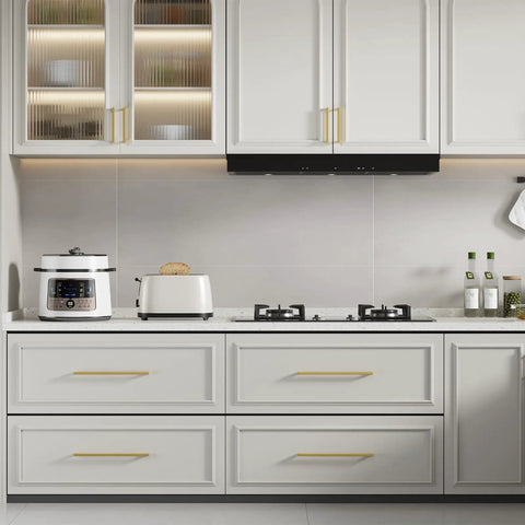 Killer 10 Pack Square Cabinet Handles For Kitchen Cupboards And Wardrobes Featuring Slick Brushed Gold Finish on modern kitchen drawers.