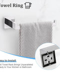 Wall-mounted polished stainless steel towel ring with grey towel displayed on a marble background, focus on installation ease.