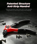 No Brainer One Hand Pop Rivet Gun With Quick Swap Nosepiece And Lockdown Storage Built For Rough Auto Fabrication And Sheet Metal Repair That Seriously Saves Your Wrists, red-black alloy head on a workbench with metal rivets.