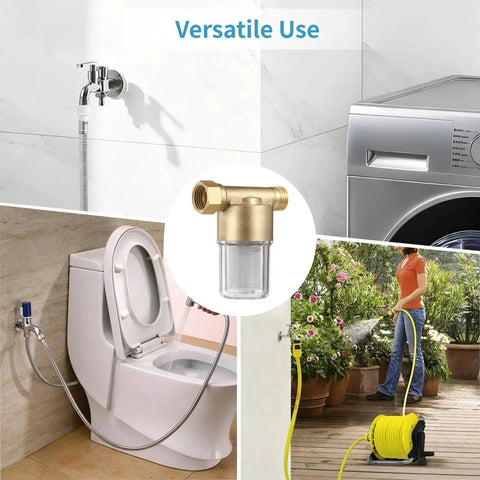 Garden Hose Sediment Filter And Inline Water Screen For Washer Dryer Heater Setup With Transparent Housing in use with various fixtures.