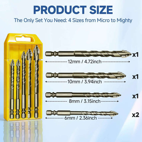 Amazon tools five-piece four-flute twist drill bit set in a yellow case; sizes 6mm (x2), 8mm, 10mm, 12mm