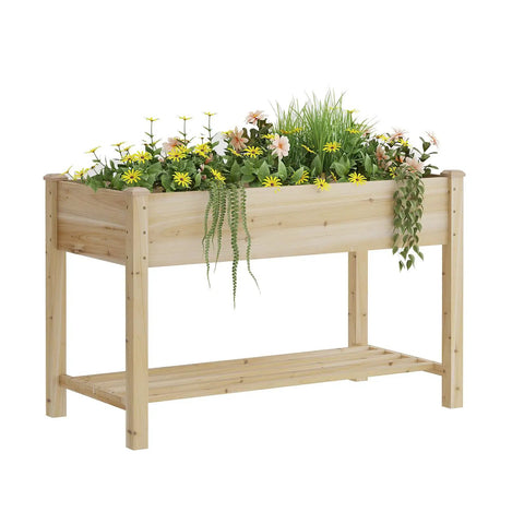 Raised Wood Planter Box On Legs With Storage Shelf For Vegetables Flowers And Herbs Outdoor Garden Bed Natural Finish