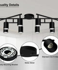 Eight Light Matte Black LED Track Lighting System showing ceiling installation details and rotatable heads in modern space.