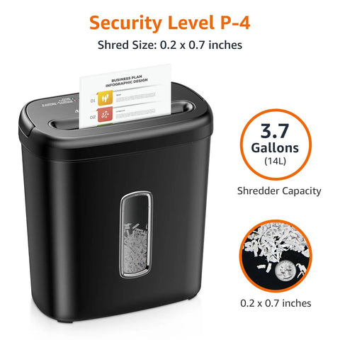 Built Tough Cross Cut Shredder For Paper And Credit Cards With Bulletproof P Four Security And Zero Drama Auto Shut Off In Sleek Black, showing shred size 0.2 x 0.7 inches.