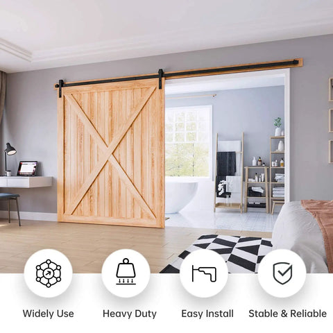 12 Foot Sliding Barn Door Hardware Track Kit With J Pulleys And Heavy Duty Ball Rollers For A Super Slick Quiet Glide No Sweat Install durable matte black aluminum track on stylish wooden barn door.