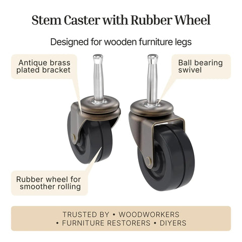 Heavy Duty Antique Brass Casters With Silent Rubber Wheels Two Inch Stem Casters Pack Of 4 Tough Furniture Rollers for smooth rolling furniture.