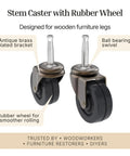 Kick It Slick Antique Brass Caster With Soft Rubber Wheel Two Inch Diameter Grip Stem Heavy Duty Roller for smooth rolling furniture.