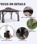 13x13 Outdoor Gazebo With Mosquito Netting And Double Roof Pop Up Canopy Tent On Wheels With Wheeled Carry Bag showing fabric, locks