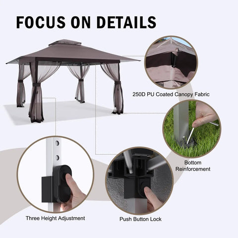 13x13 Outdoor Gazebo With Mosquito Netting And Double Roof Pop Up Canopy Tent On Wheels With Wheeled Carry Bag showing fabric, locks