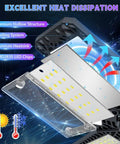 Diagram showing cooling features of Eight Pack LED Garage Lights With Beastly Bright Seven Plus One Adjustable Panels 200W Shop Ceiling Light Delivers 20000 Lumens Of Daylight 6500K For Garage And Workshop E26 And E27 Base Compatible Energy Efficient.
