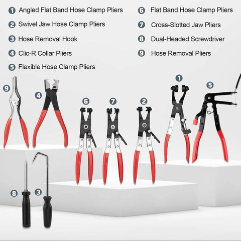 9 Piece Hose Clamp Pliers Set Long Reach Tool Kit For Water Hoses And Radiator Includes Clic R Collar Pliers, Hose Hook
