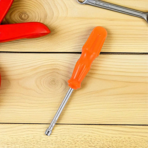 Heavy Duty Hex Socket Screwdriver Wrench With Swappable Bits For Nuts And Bolts on wooden surface, matte orange handle.
