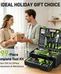 Hella Durable 299 Piece Tool Set With 12V Cordless Drill And Slick Hand Tools in portable toolbox, showing tools and a gift exchange.