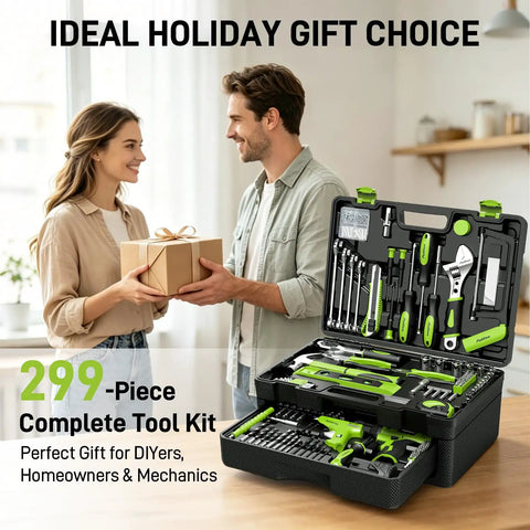 Hella Durable 299 Piece Tool Set With 12V Cordless Drill And Slick Hand Tools in portable toolbox, showing tools and a gift exchange.