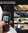 Pro Grade Digital Sound Level Meter With Backlit Display 30 To 130 dB Range 0.1 dB Resolution Plus Minus 1.5 dB Accuracy A Weighting 31.5 Hz To 8 kHz Response Fast Slow Max Min Hold Portable Noise Meter For Home Theater Office Studio, handheld in use