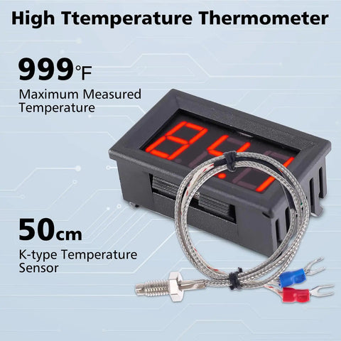 12V Red Fahrenheit Digital Temperature Meter With Bright LED Readout, Industrial Grade K-Type Thermocouple Sensor, Measures -76F To 999F, 0.5m Probe, Durable Meter For Heating, Lab And Shop Use