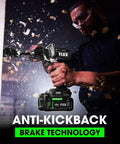 Built Different 24V Brushless Cordless Drill Driver Kit with 2Ah battery drilling into wood, showcasing anti-kickback feature.