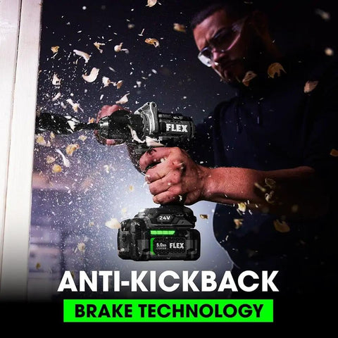Built Different 24V Brushless Cordless Drill Driver Kit with 2Ah battery drilling into wood, showcasing anti-kickback feature.